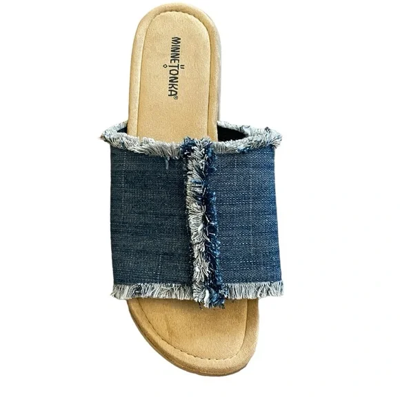 Minnetonka Violet Frayed Denim Slide Sandal - Picture 3 of 15
